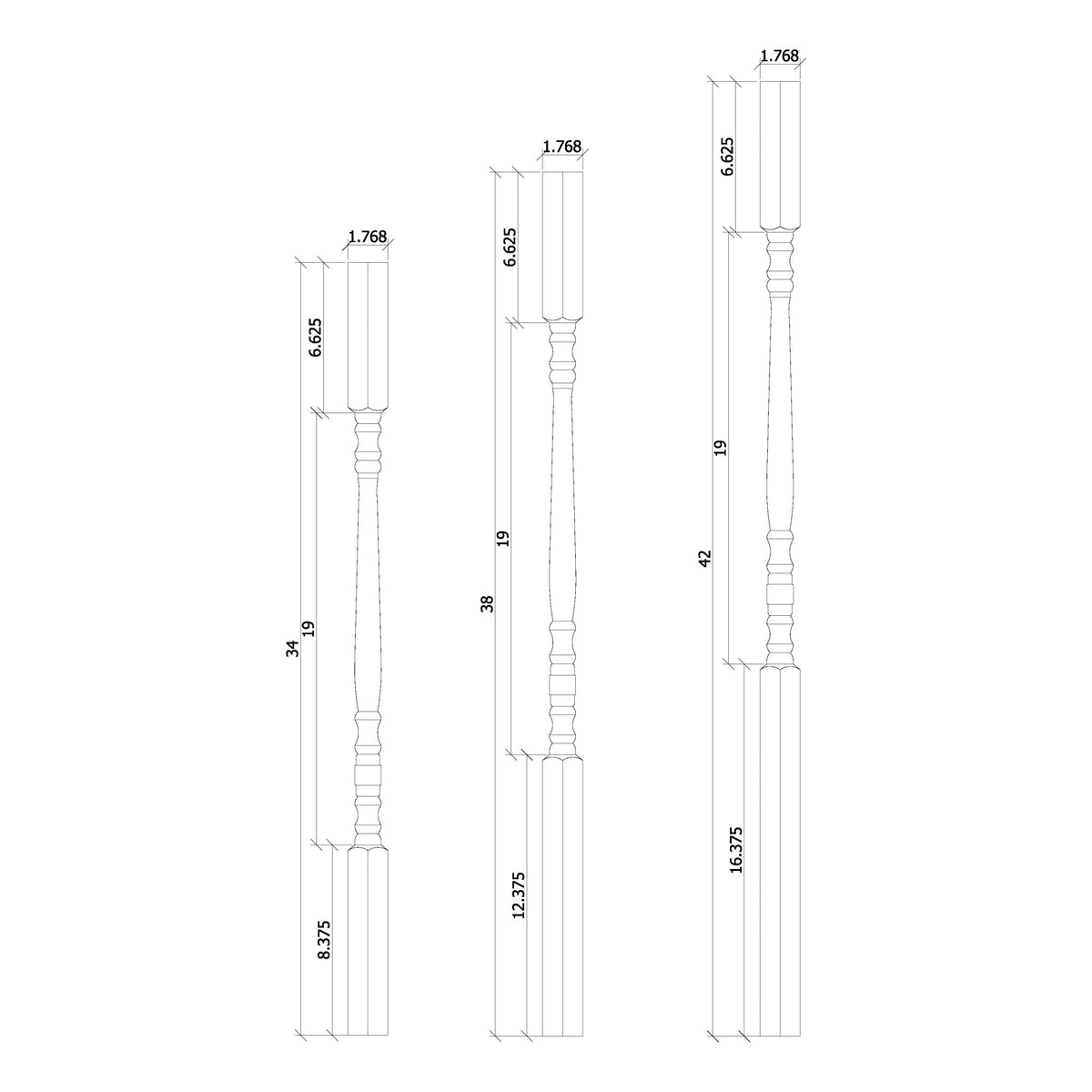 Hampton 1 - 1/4&quot; 6134 Elegant Rise Square Top Baluster (6134, 6138, 6142) - Stair Parts USA