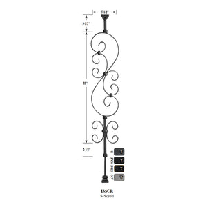 "Ole Iron Slides" - 1/2" Square x 29-1/2"-38"H Standard Scroll Adjustable Hollow Iron Baluster (ISSCR)