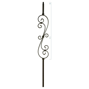 MEGA Series 3/4" Square x 44"H Skinny Scroll (5 - 1/2"W) Hollow Iron Baluster (MEGA - 601) - Stair Parts USA