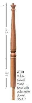 Colonial 3&quot; x 41&quot; 4050 Round Base Pin Top Turned Newel w/Adjustable Dowel (4050, 4050F)