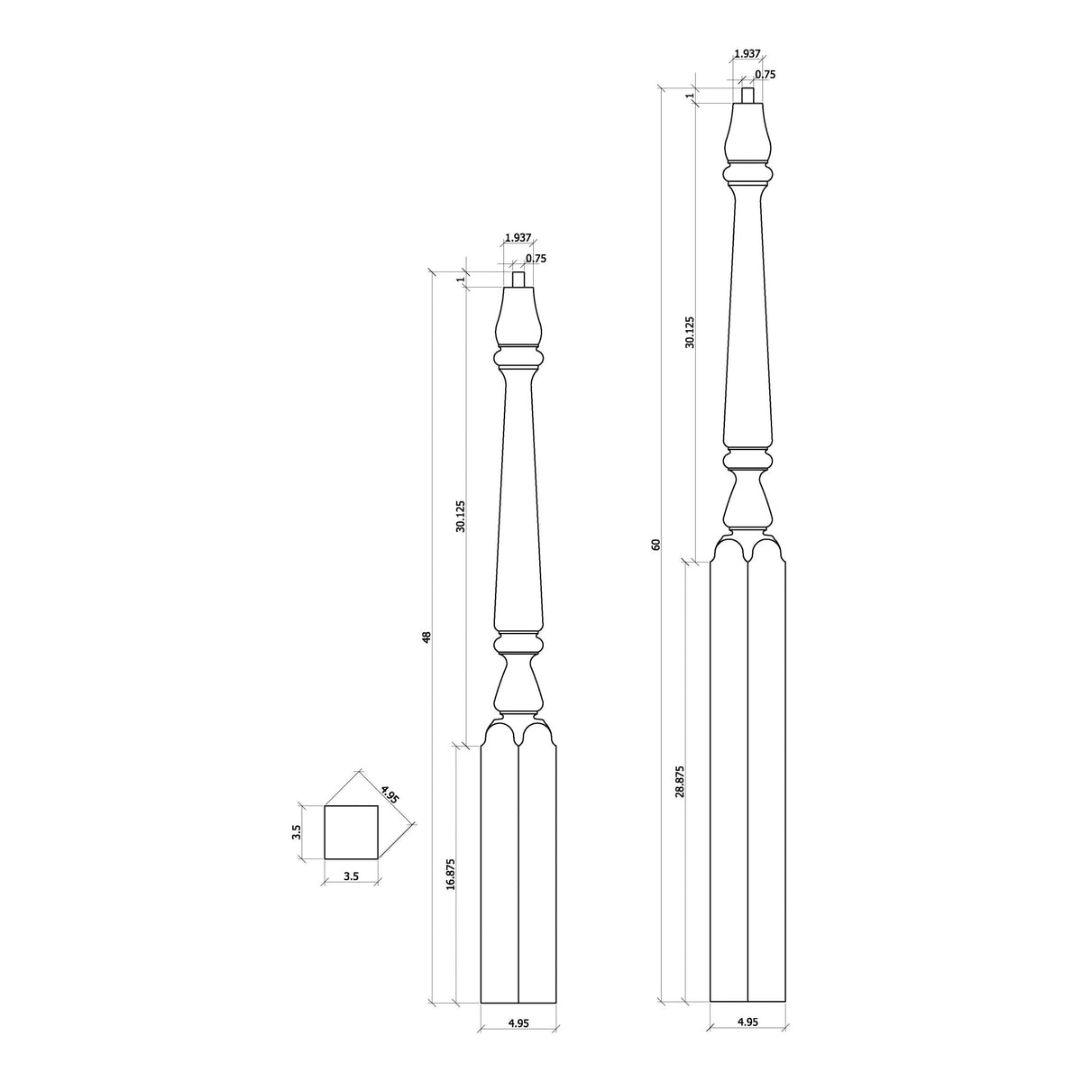 Ohio 3 - 1/2&quot; Pin Top Turned Newel (4811, 4815) - Stair Parts USA