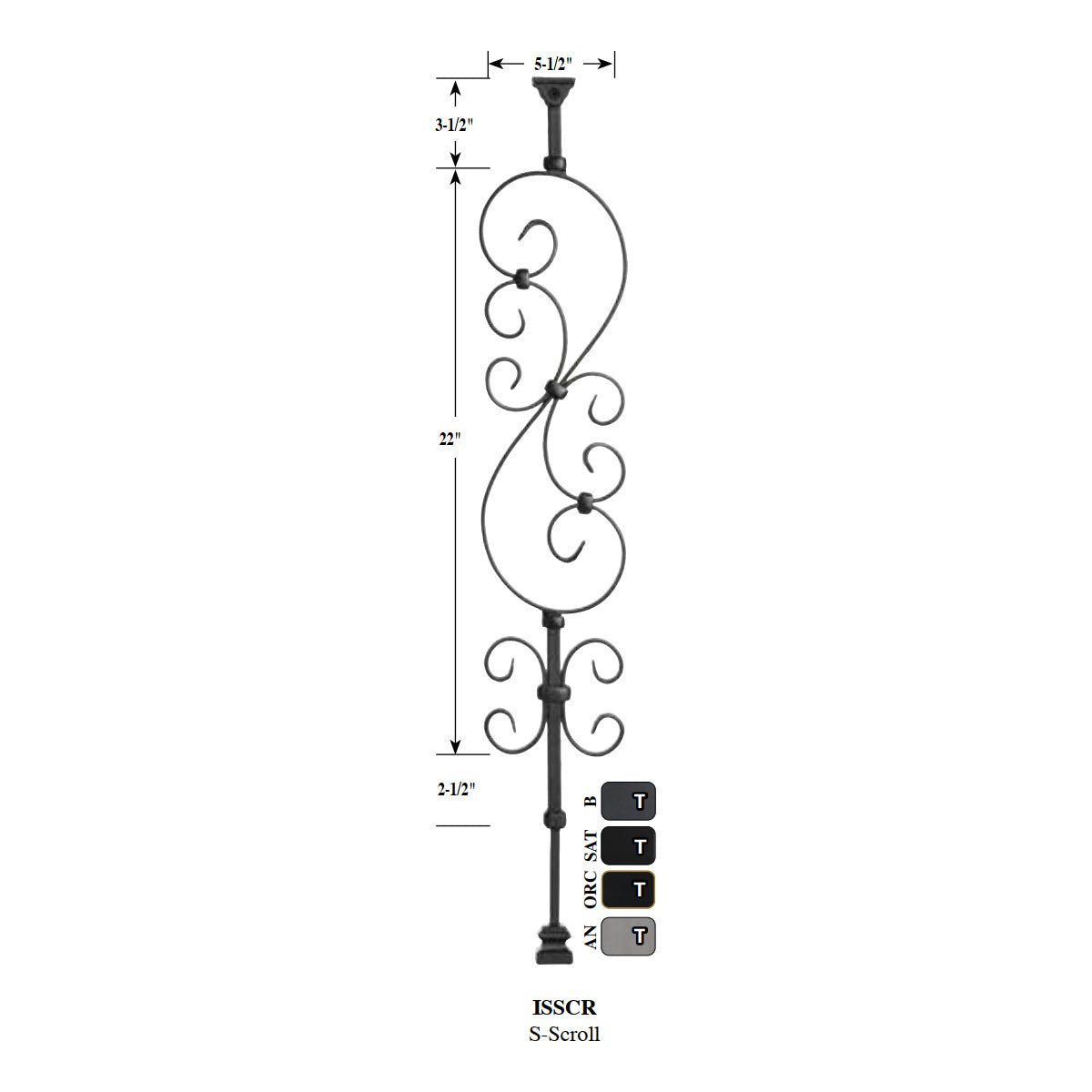 &quot;Ole Iron Slides&quot; - 1/2&quot; Square x 30&quot; - 38&quot;H Standard Scroll Adjustable Hollow Iron Baluster (ISSCR) - Stair Parts USA