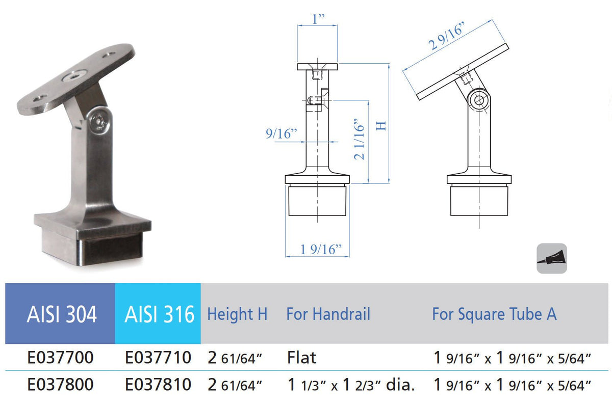 Pivotable Stainless Steel Handrail Support for 1 - 14/25&quot; Square Tube - Flat (E037700) - Stair Parts USA
