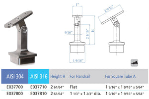 Pivotable Stainless Steel Handrail Support for 1 - 14/25" Square Tube - Flat (E037700) - Stair Parts USA