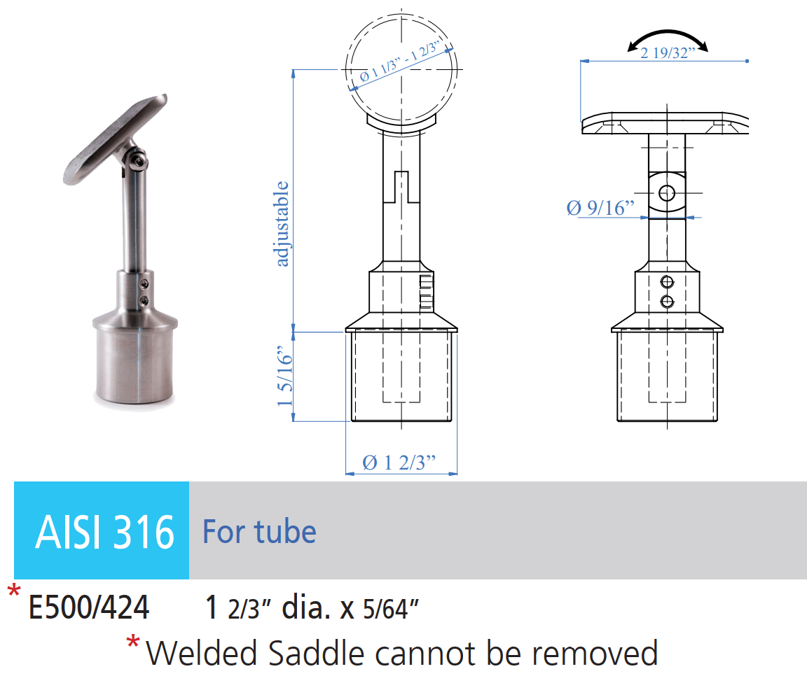 Round 1 - 2/3" Handrail Support For round newel (1 2/3") Dia., Pivotable, Adjustable in Height Satinized (E500 - 424) - Stair Parts USA