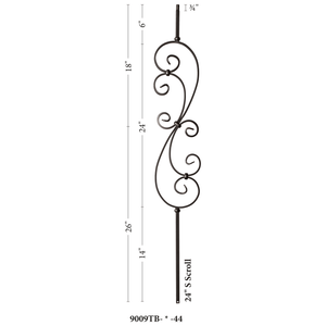Scroll Series 1/2" Square x 44"H - 7" x 24" Scroll Hollow Iron Baluster (9009) - Stair Parts USA