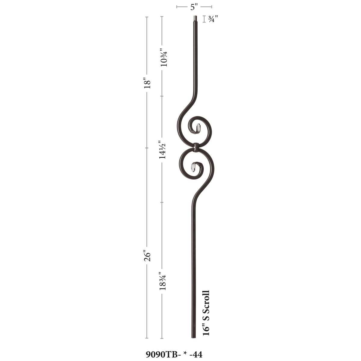 Scroll Series 1/2&quot; Square x 44&quot;H Spiral Scroll (5&quot;W x 14 - 1/2&quot;H) Hollow Iron Baluster (9090) - Stair Parts USA