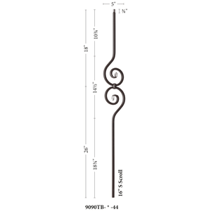 Scroll Series 1/2" Square x 44"H Spiral Scroll (5"W x 14 - 1/2"H) Hollow Iron Baluster (9090) - Stair Parts USA