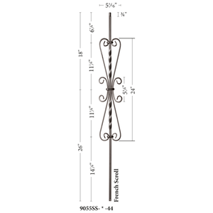 Scroll Series 1/2" Square x (5 - 3/16"W x 24"H) x 44"H French Scroll Hollow Iron Baluster (9055SS) - Stair Parts USA