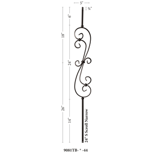 Scroll Series 1/2" Square x (5 - 3/8"W x 24"H) x 44"H Thin (1/4") Scroll Hollow Iron Baluster (9081) - Stair Parts USA