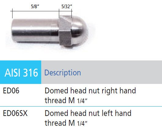Stainless Steel Domed Head Nut (Right or Left) Thread M6 (ED06, ED06SX) - Stair Parts USA