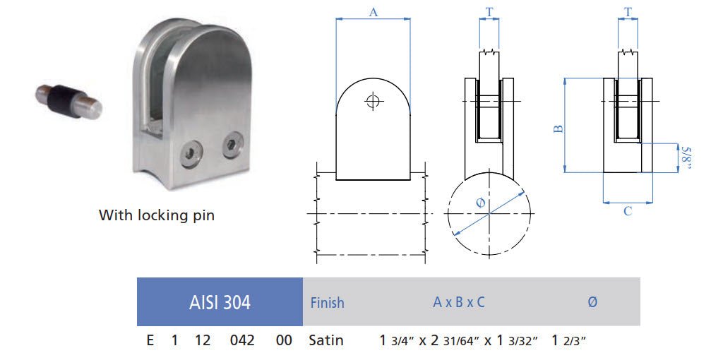 Stainless Steel Glass Clamp 1 - 3/4 X 2 - 31/64 X 1 - 3/32 for 1 - 2/3 Round Newel Post (E11204200) - Stair Parts USA