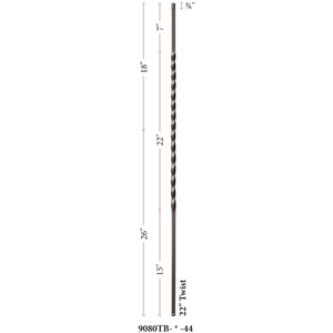 Twist Series 1/2" Square x 44"H Long 22" Twist Hollow Iron Baluster (9080) - Stair Parts USA