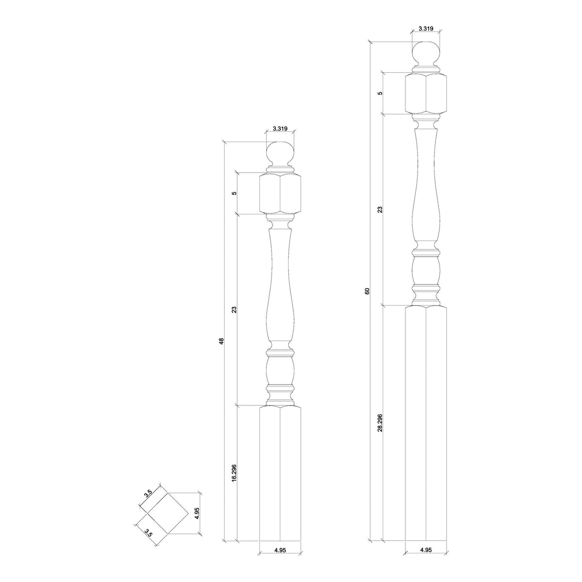 Utah 3 - 1/2&quot; 5548 Short Block Turned Newel (48&quot; or 60&quot;) - Stair Parts USA