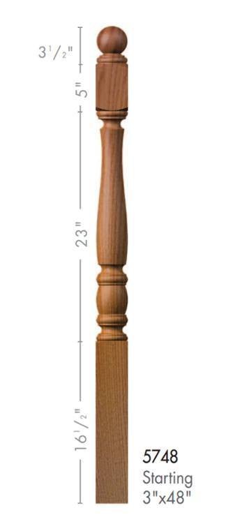 Utah 3&quot; 5748R Short Block REEDED Turned Newel (48&quot; or 60&quot;) - Stair Parts USA